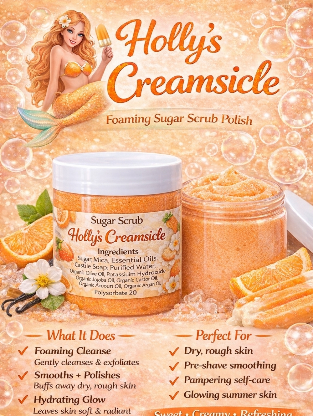 Holly's Creamsicle 8oz Hand Crafted Foaming Sugar Polish Scrub